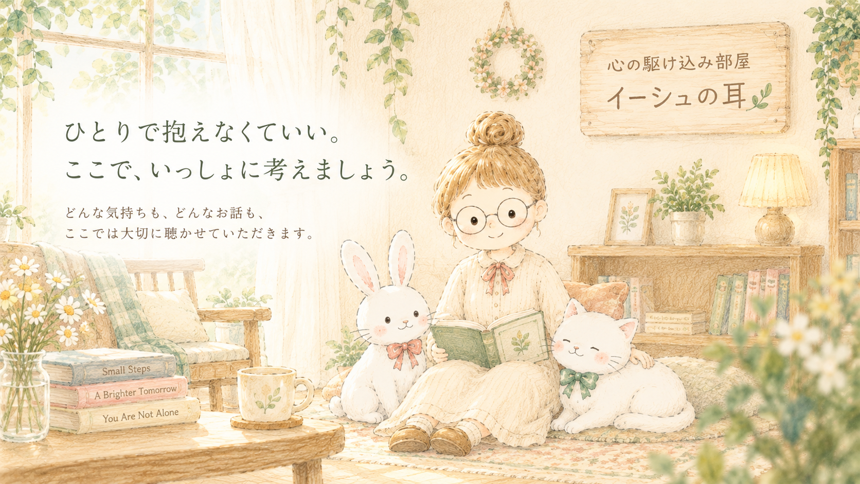 イーシュと白うさぎ、白猫が寄り添う心の駆け込み部屋のイラスト